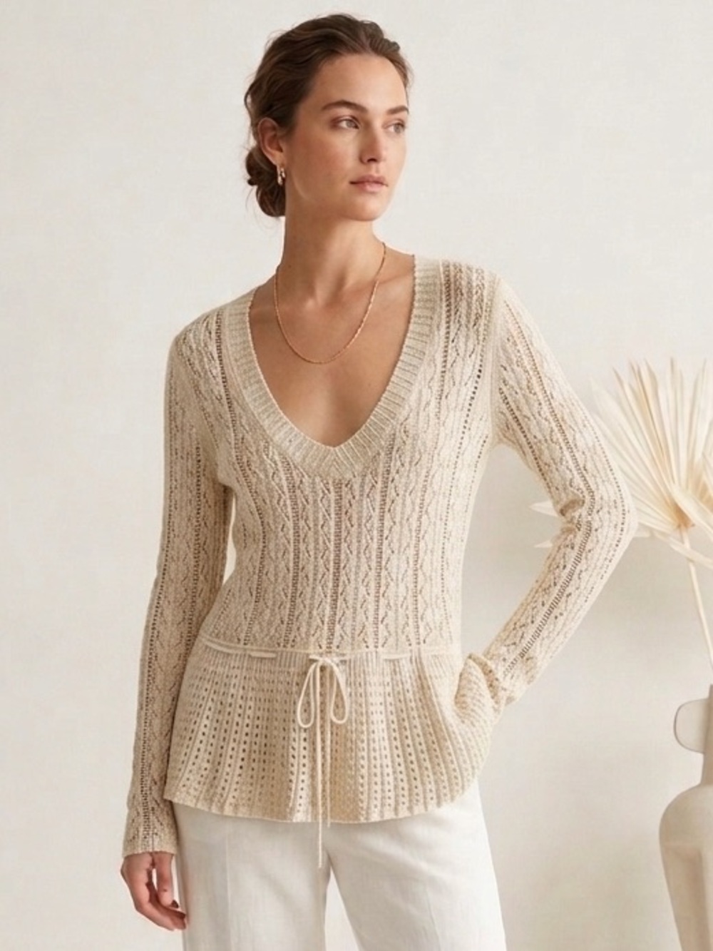 White Knit V-Neck Sweater